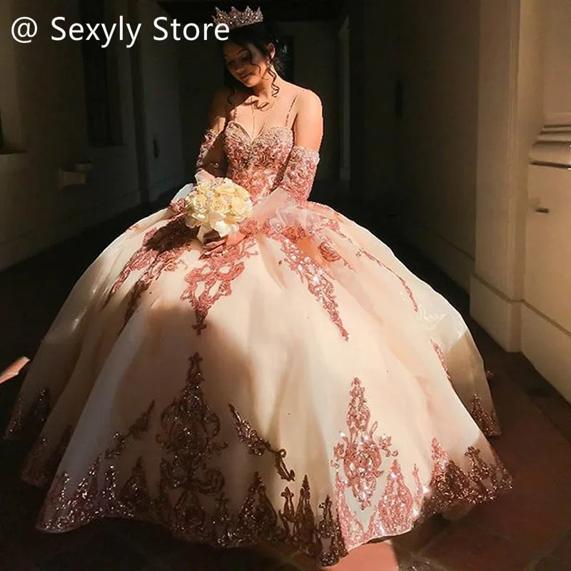 Rose Gold Polyester Tulle Ball Gown Quinceanera Dress with Sequins and
