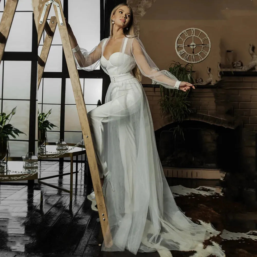 Simple Sweetheart Jumpsuit Wedding Dress Long Sleeves Pant Suit Bridal Gown With Belt Plain White Floor Length vestidos de novia