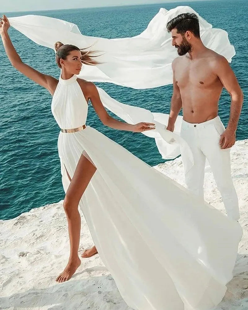 Wedding Dress Simple Beach Sexy Backless A Line Ivory White Chiffon Halter Neck Wedding Gowns Long Dress Formal Robe Party As Picture