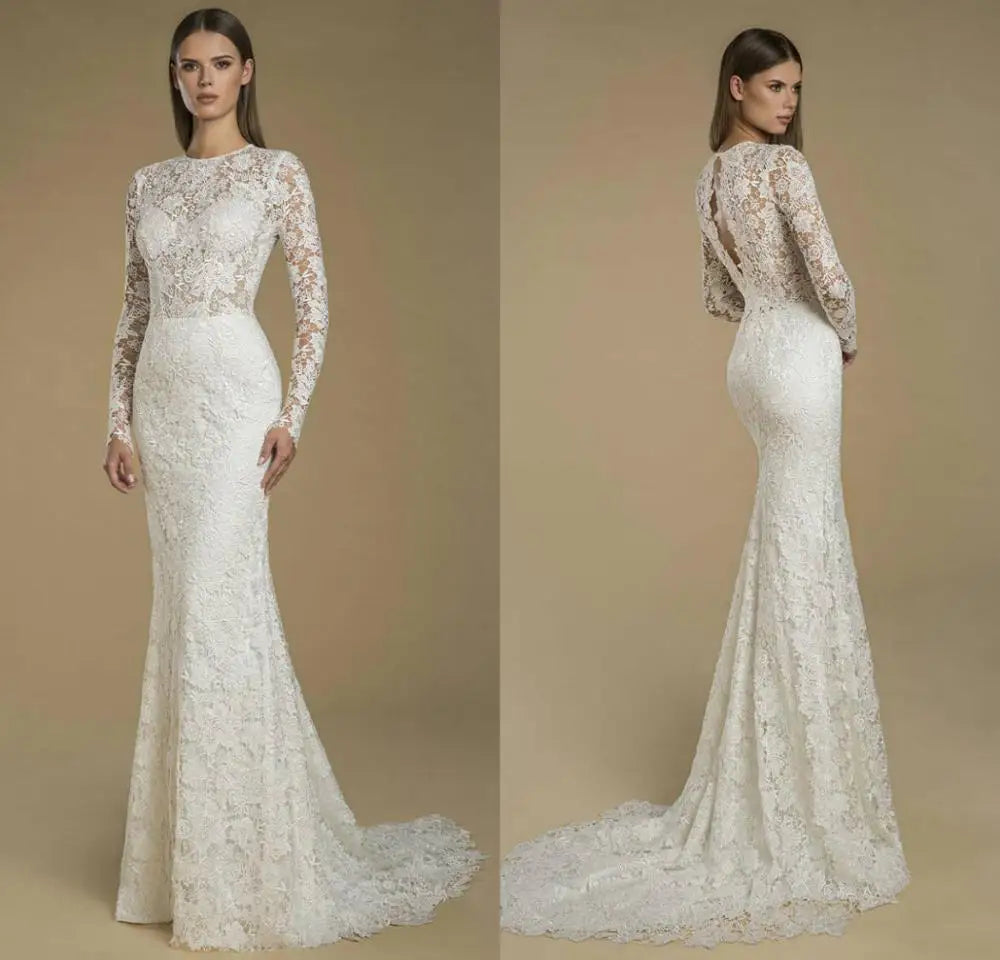 Wedding Dresses Jewel Long Sleeves Lace Appliques Bridal Gowns Custom Made Button Back Sweep Train Mermaid Wedding Dress