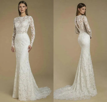 Wedding Dresses Jewel Long Sleeves Lace Appliques Bridal Gowns Custom Made Button Back Sweep Train Mermaid Wedding Dress
