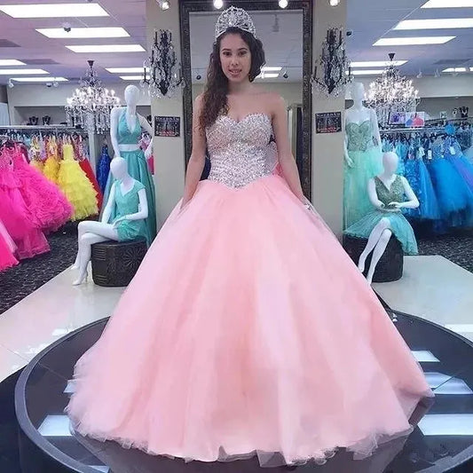 Sweetheart Ball Gown Quinceanera Dresses 15 Party Sparkly Crystal Tulle Masquerade Birthday Gowns Plus Size Lace-up Pink