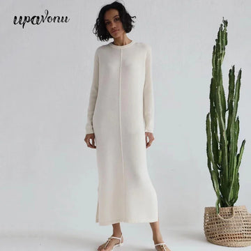2024 Casual Midi Knit Dress Women's O-neck Long Sleeve Split Straight Dresses 2023 Autumn Pure Color Knit Vestidos