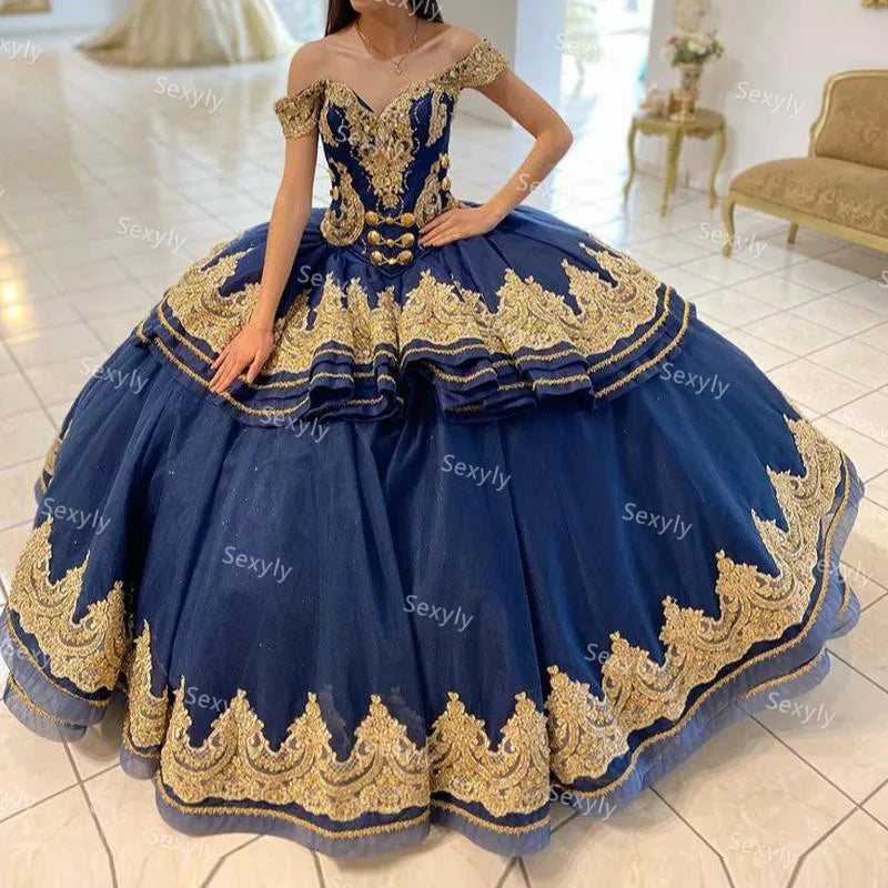 Princess Navy Blue Quinceanera Dresses With Gold Appliques Off The Sho
