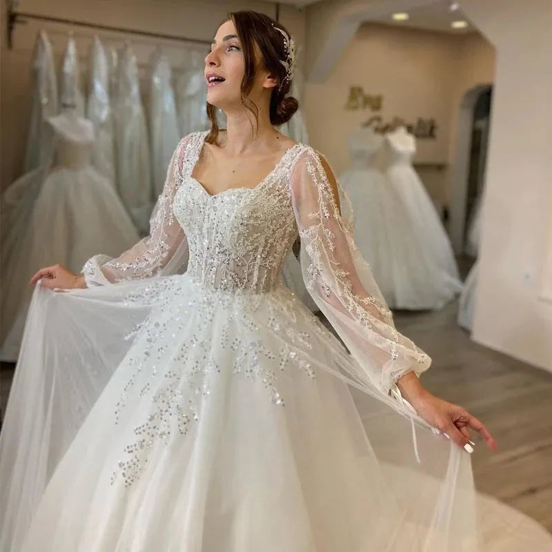 White Wedding Dresses Sweetheart Appliques Bridal Dress Puff Sleeve Tulle A-Line Princess Wedding Gowns Plus Size