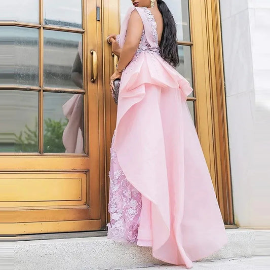 Chic Pink Scoop Mermaid Prom Dresses Lace Satin Chiffon Women Formal Dress Custom Made Plus Size Evening Gowns