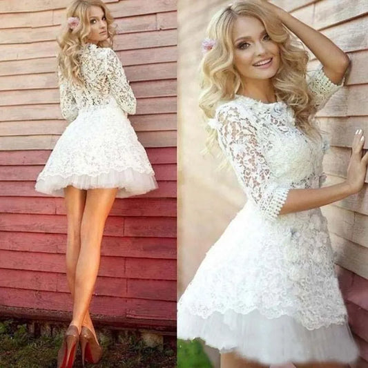 On Sale Sexy Ivory Bride Dress Lace Wedding Dresses Mini Length with 3/4 Sleeves Bridal Gowns Short O Neckline