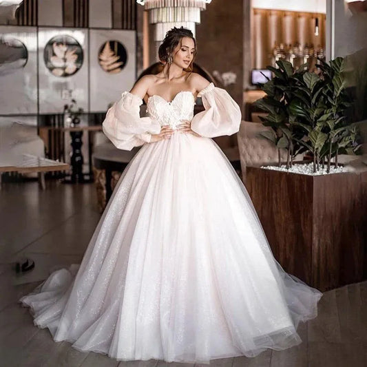 New Ball Gowns Detachable Puff Sleeves Glitter Wedding Dress Appliques Off Shoulder Tulle Boho Bridal Gown Ivory