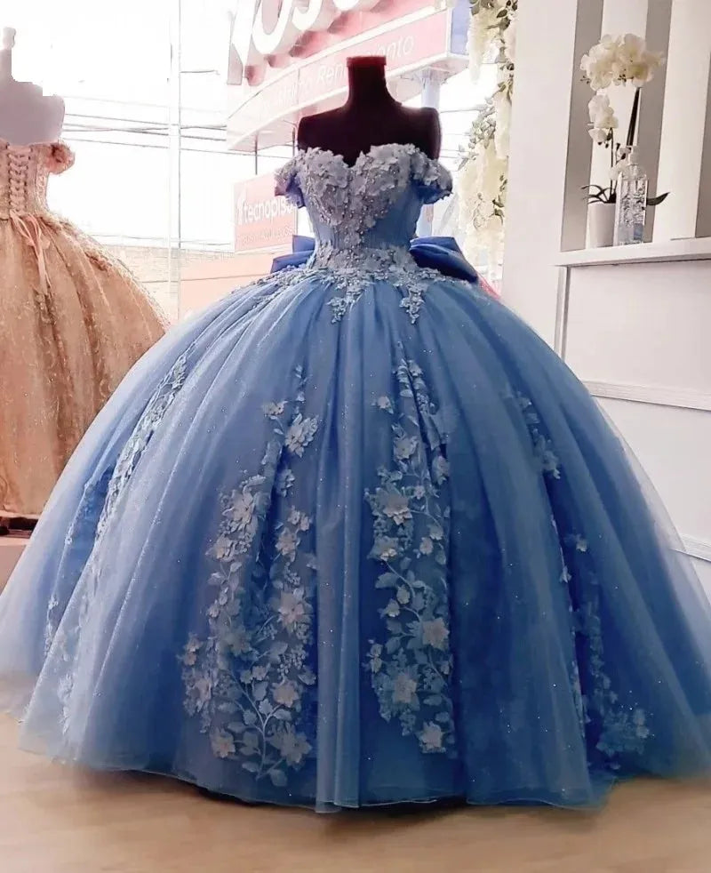 Sweetheart Dusty Blue Quinceanera Dress with 3D Floral Applique Off-Shoulder Vestidos Sweet 16 Dress Bow de soirée Blue