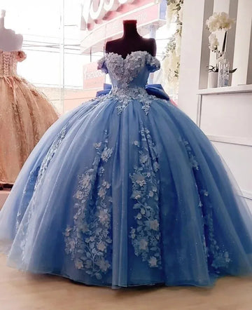 Sweetheart Dusty Blue Quinceanera Dress with 3D Floral Applique Off-Shoulder Vestidos Sweet 16 Dress Bow de soirée Blue