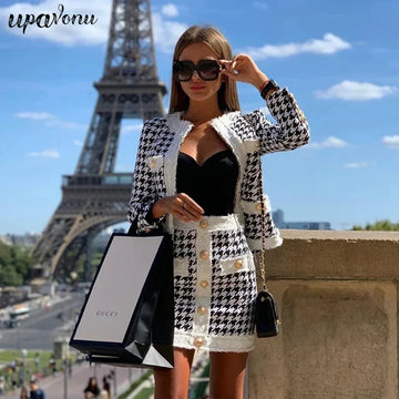 Autumn Women'S Houndstooth Tweed 2 Piece Sets Of Sexy Long-Sleeved Round Neck Button Coat + Short Pencil Skirt Party Suits