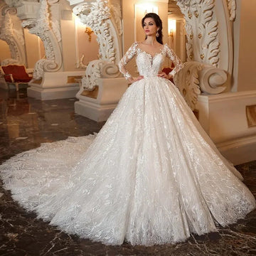 Luxury Lace Wedding Dresses Long Sleeves Princess Appliques Vintage Bridal Gowns For Women White