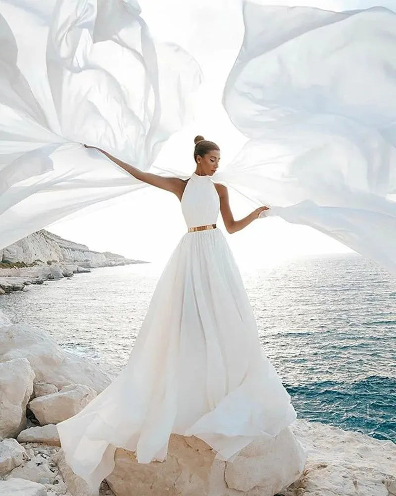 Wedding Dress Simple Beach Sexy Backless A Line Ivory White Chiffon Halter Neck Wedding Gowns Long Dress Formal Robe Party