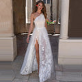 Beach illusion Wedding Dress One Shoulder Slit Lace Tulle Bridal Gowns Floor Length Open Leg Backless Sexy Transparent White