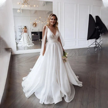 Deep V-neck Organza and Tulle Plus Size Wedding Dress Sexy Backless 28W Bridal Gowns Simple White