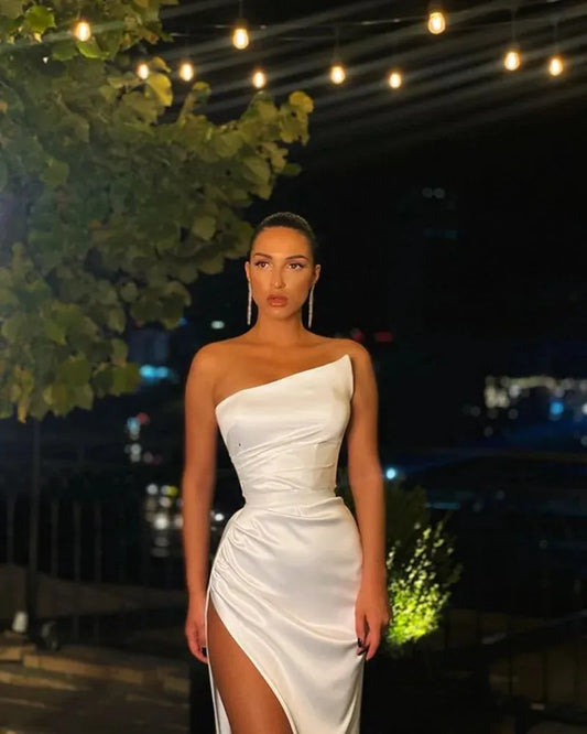 Sexy White Mermaid Prom Dresses with High Split Satin Evening Party Gowns for Women Robe De Soiree