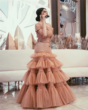 Arabic Mermaid Celebrity Dresses Off the Shoulder Prom Dress Sequins Lace Tiered Skirt Evening Gowns Plus Size Gown As Picture