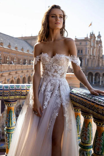 SoDigne Boho Tull Wedding Dresses Off the Shoulder Lace Appliques A Line Beach Bridal Gown Sexy High Split Wedding Gowns
