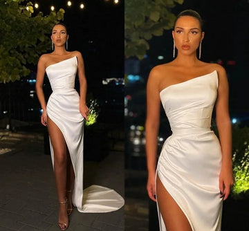 Sexy White Mermaid Prom Dresses with High Split Satin Evening Party Gowns for Women Robe De Soiree Ivory
