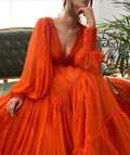 Long Puff Sleeves Prom Dresses V-Neck Pleats Chiffon Princess Evening Gowns Women Party Dress Plus Size