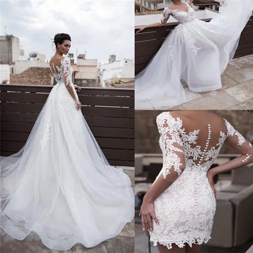 Lace A-line Wedding Dresses Detachable Train Appliques Scoop Neck Sheath Formal Bridal Gowns Half Sleeves Elegant Wedding Gowns White Custom size