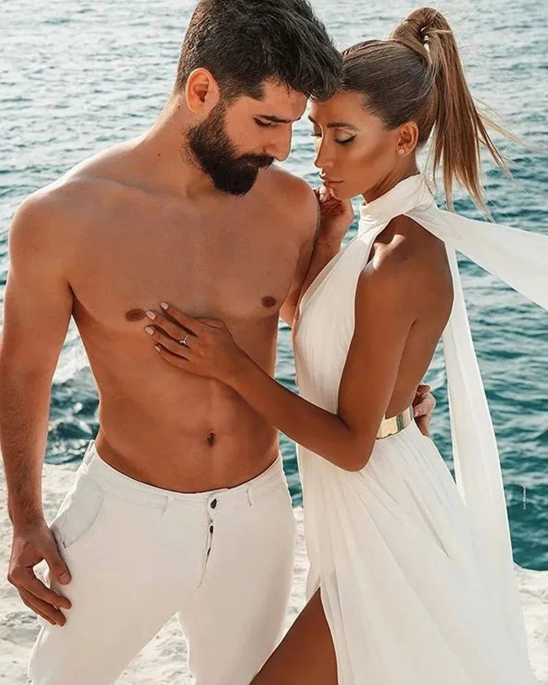 Wedding Dress Simple Beach Sexy Backless A Line Ivory White Chiffon Halter Neck Wedding Gowns Long Dress Formal Robe Party