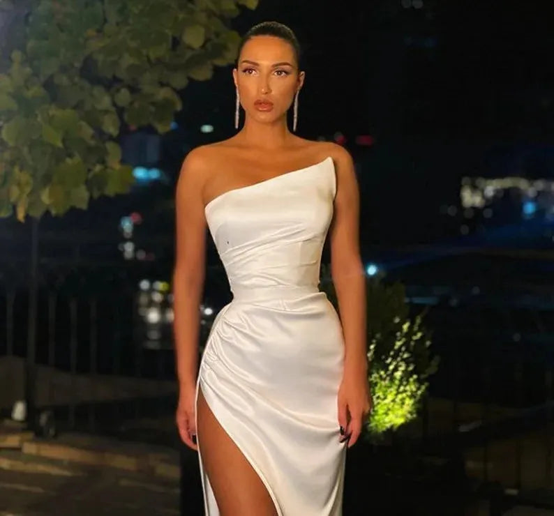 Sexy White Mermaid Prom Dresses with High Split Satin Evening Party Gowns for Women Robe De Soiree White