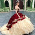 Mexican Burgundy And Gold Quinceanera Dresses Charro Vintage Off The Shoulder Organza Ruffles Vestio De 15 Xv Anos Customized Burgundy and gold