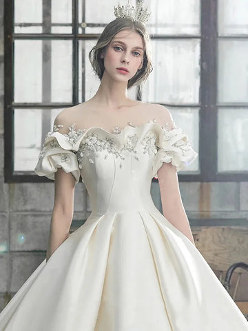 Off The Shoulder Flower Satin Wedding Dress Floor Length Light Simple Bridal Dress Robe De Mariee Custom Color