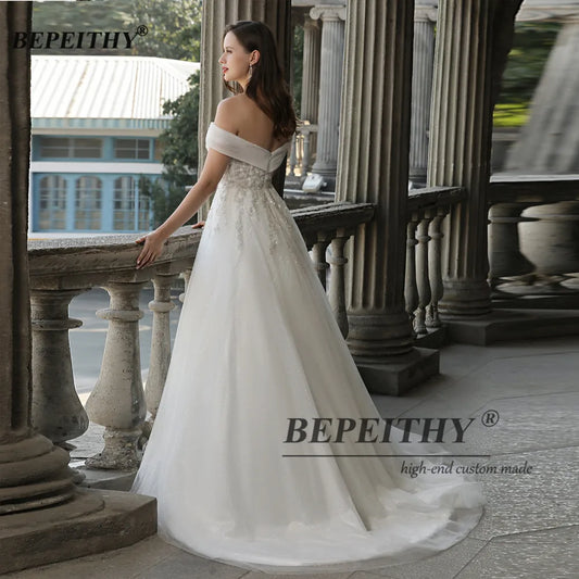 BEPEITHY Off The Shoulder Ivory Boho Wedding Dresses For Women 2023 Bride A Line Chic Beading Bohemian Bridal Beach Gown Robes