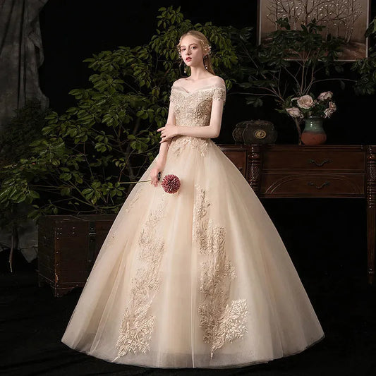 Wedding Dress Sexy V-neck Ball Gown Off The Shoulder Princess Vintage Romantic Champagne Wedding Dresse