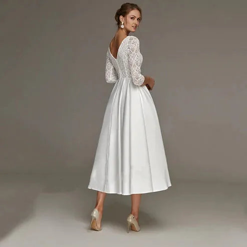 Modern Short Wedding Dress Lace and Satin V-Neck Three Quarter Tea-Length Bride Gowns with Pocket Civil Vestidos De Novia