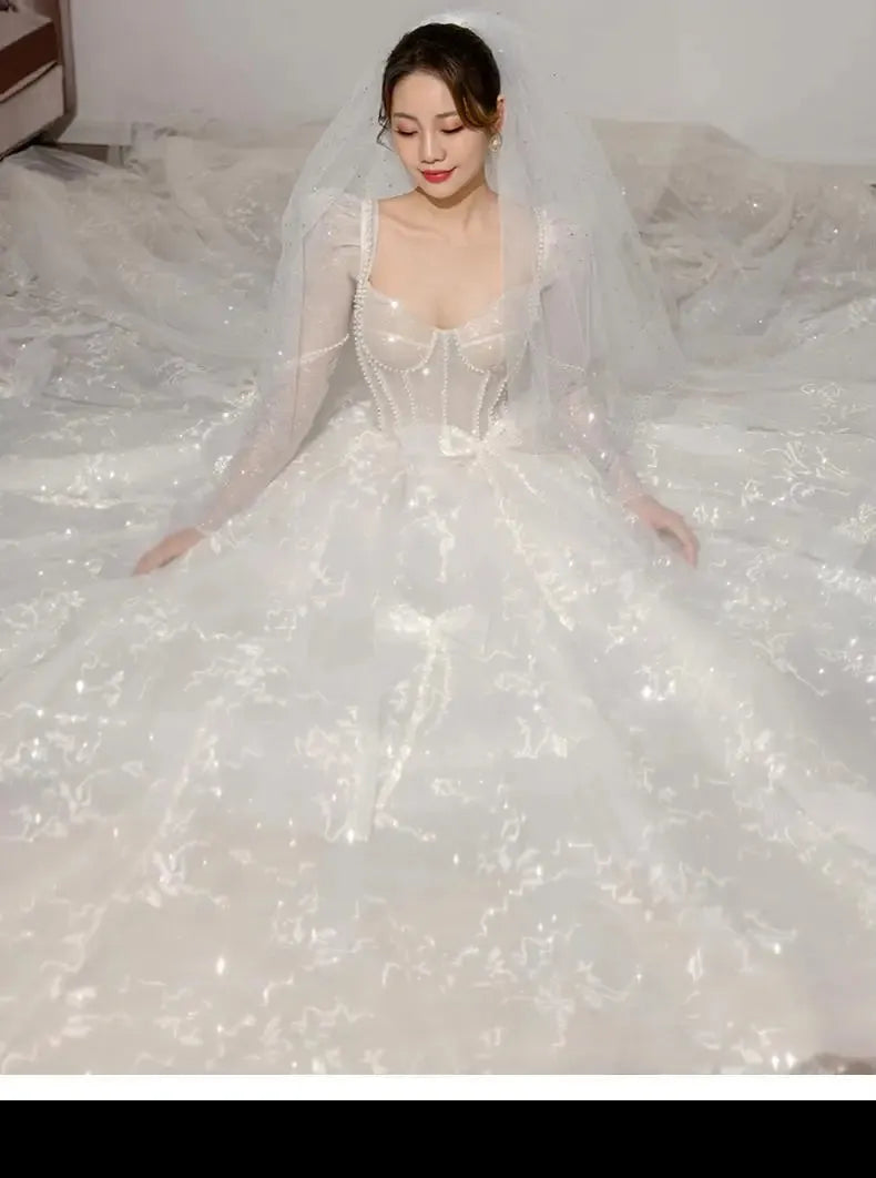 Classic Full Sleeve Wedding Dress Shining Sequins Pearl Ball Gown Plus Size Custom Made Luxury Bridal Dresses Robe De Mariee White