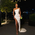 Sexy White Mermaid Prom Dresses with High Split Satin Evening Party Gowns for Women Robe De Soiree