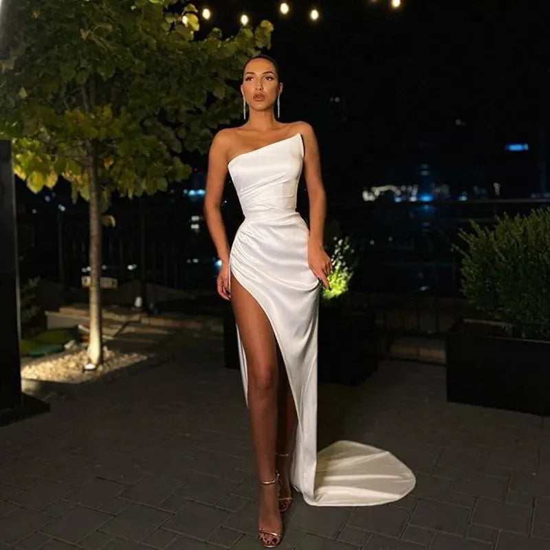 Sexy White Mermaid Prom Dresses with High Split Satin Evening Party Gowns for Women Robe De Soiree
