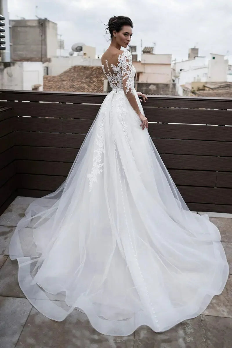 Lace A-line Wedding Dresses Detachable Train Appliques Scoop Neck Sheath Formal Bridal Gowns Half Sleeves Elegant Wedding Gowns