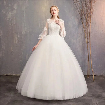 Vintage Wedding Dresses Full Flare Sleeve Lace Embroidery Princess Vestido De Noiva F
