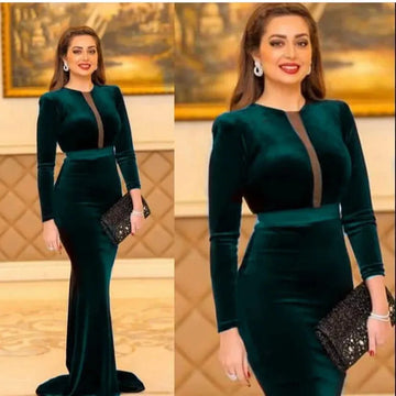 Green Cheap Long Sleeves Velvet Evening Dress Mermaid Cut-Out Sweep Train Prom Gowns Simple Women Party Dresses