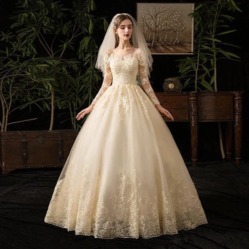 Wedding Dresses Champagne Full Sleeve Lace Bridal New Luxury Ball Gown Wedding Dress Vestido De Noiva