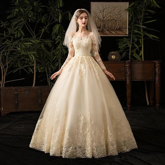 Wedding Dresses Champagne Full Sleeve Lace Bridal New Luxury Ball Gown Wedding Dress Vestido De Noiva