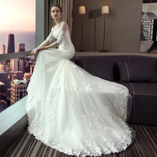 Mermaid Wedding Dress The Bridal Half Sleeve O-neck Court Train Lace Up Trumpet Gown Princess Luxury Wedding Gown F