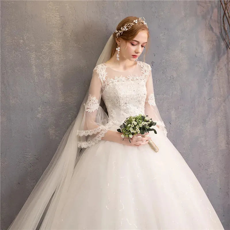 Vintage Wedding Dresses Full Flare Sleeve Lace Embroidery Princess Vestido De Noiva F
