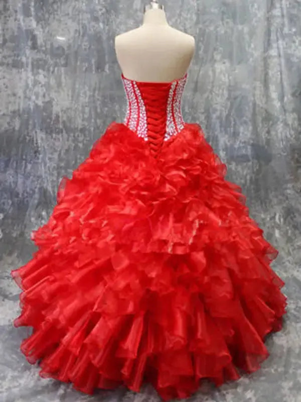 Quinceanera Dresses Plus Size Beading Sparking Sweetheart Organza Vestidos De 15 Anos Princesa Party Gowns Red