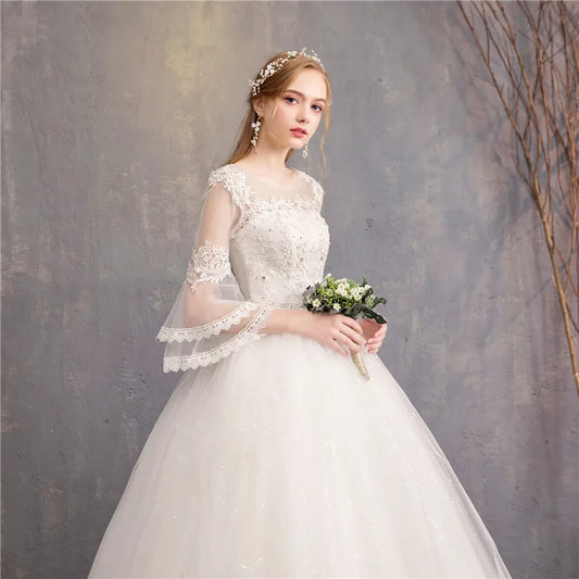 Vintage Wedding Dresses Full Flare Sleeve Lace Embroidery Princess Vestido De Noiva F