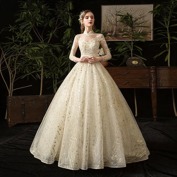Gold Lace Wedding Dress High Neck Full Sleeve Wedding Gown Vintage Bridal Gown Vestido De Noiva
