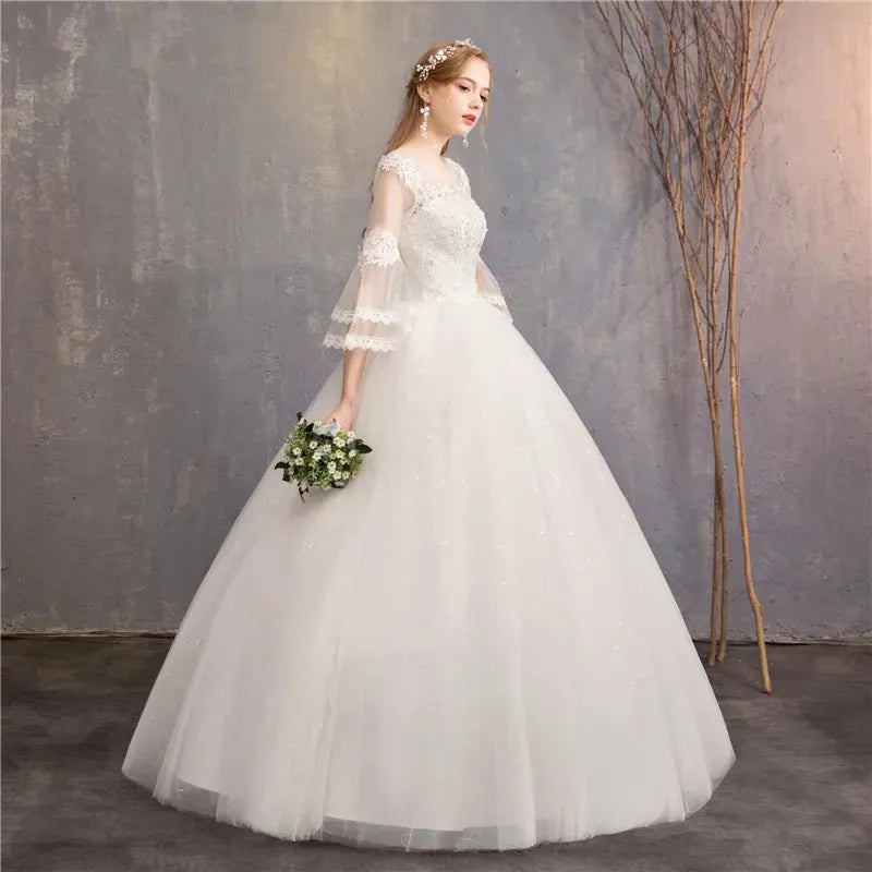 Vintage Wedding Dresses Full Flare Sleeve Lace Embroidery Princess Vestido De Noiva F