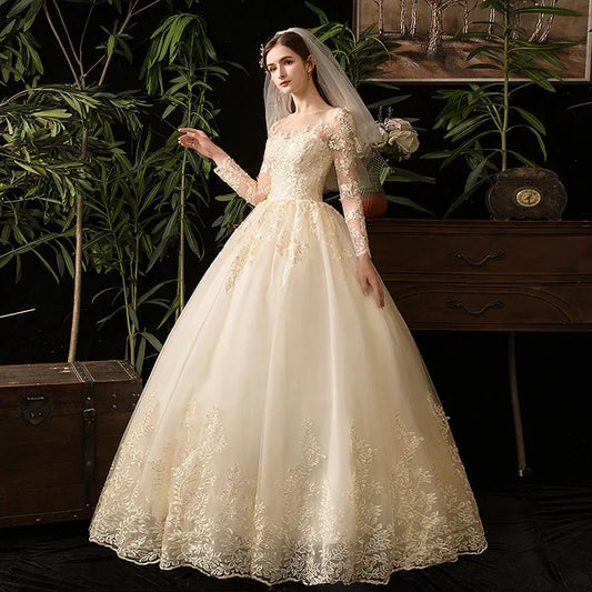 Wedding Dresses Champagne Full Sleeve Lace Bridal New Luxury Ball Gown Wedding Dress Vestido De Noiva