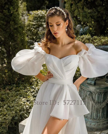 Fashion Sweetheart Puff Sleeves Bridal Gowns Stain A-Line Strapless Bride Dress A Line Backless Simple Wedding Dress Mopping