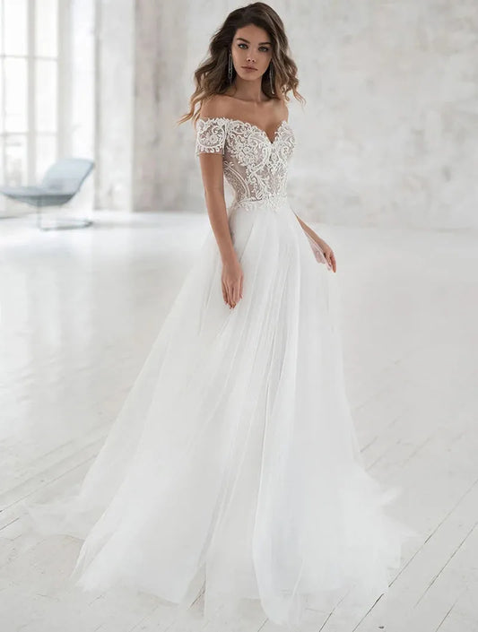 Off The Shoulder Beach Wedding Dress V-Neck Appliqued Bride Dresses Boho Elegant Lace Bridal Gowns Bohemian