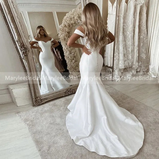 Simply Mermaid Wedding Dresses Sweetheart Off the Shoulder White Satin Long Train Bridal Dress Zipper With Buttons Wedding Gowns